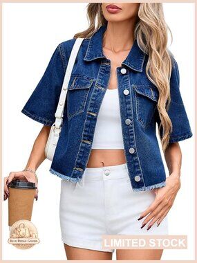 Cropped Denim Jacket Frayed Hem Short Sleeve Casual Fitted Chic Summer Style